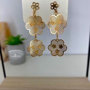 New Genuine Gold Flower Chandelier Earrings
